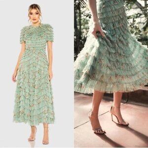 Mac Duggal 8014 Sage Floral‎ Print Ruffle Dress Tiered Short Sleeve A-Line 12